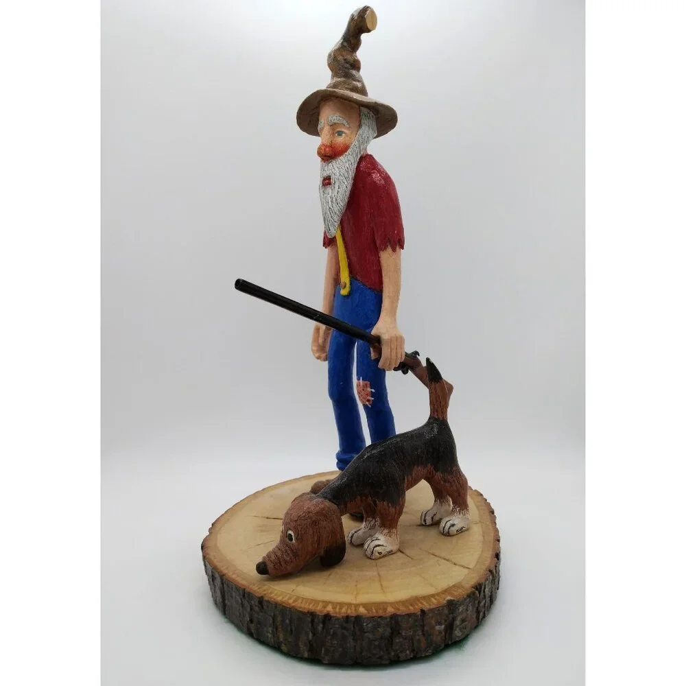 Hillbilly with Rifle & Dog Hunting Figurine, Vintage Western Home Decor